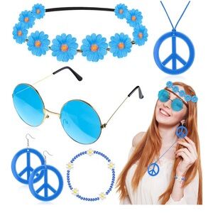 New blue 6 Pcs Hippie Costume Accessories Set, Boho Peace Sign Daisy Flower 60s